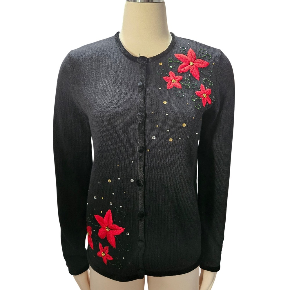 VTG Studio Joy Black Poinsettia Embroidered Sequin Button Cardigan Sweater‎ S
